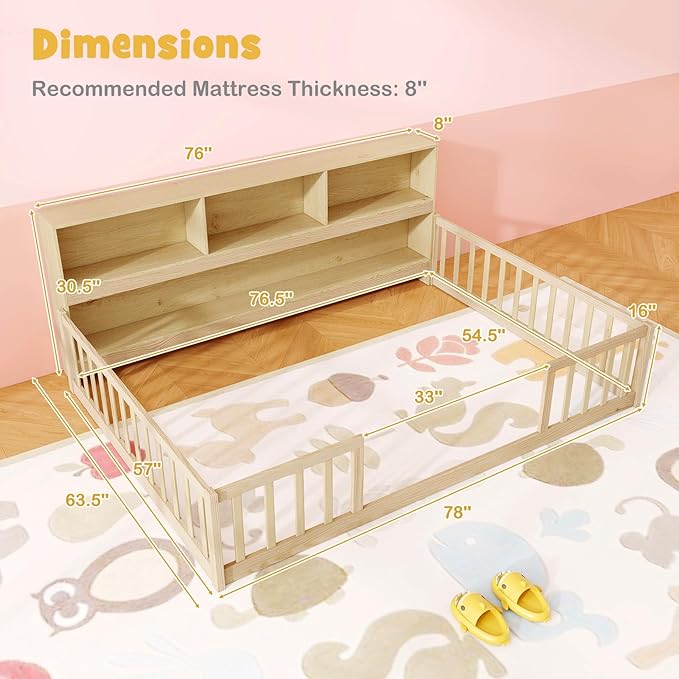 KOMFOTT Full Floor Bed with Bookcase & Shelves, Wood Bed Frame with Bedside Bookshelves & Guardrails, Versatile 2-in-1 Montessori Floor Bed for Kids (Full,Natural)