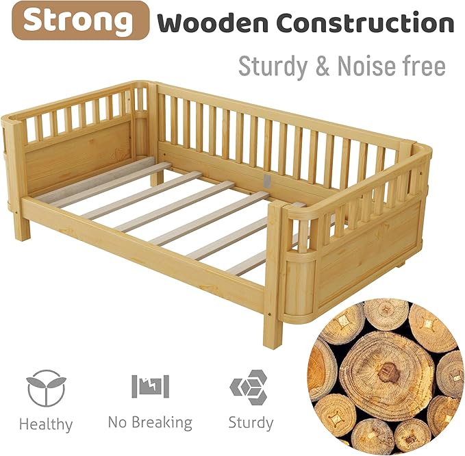 Twin Bed Frames Kids with Rails, Wood Montessori Twin Bed with Slats Support, Modern Low to Ground with Removable Bed Rails for Girls Boys Bedroom Living Room, Natural