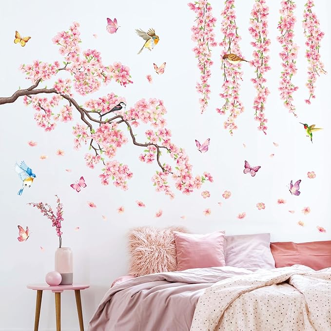 DECOWALL SG3-2320 Cherry Blossom Flower Wall Stickers Decals Branches Birds Butterflies Art Bedroom Floral Flower Girls Home Kids Living Nursery Pink Room Tree Nursery décor Baby