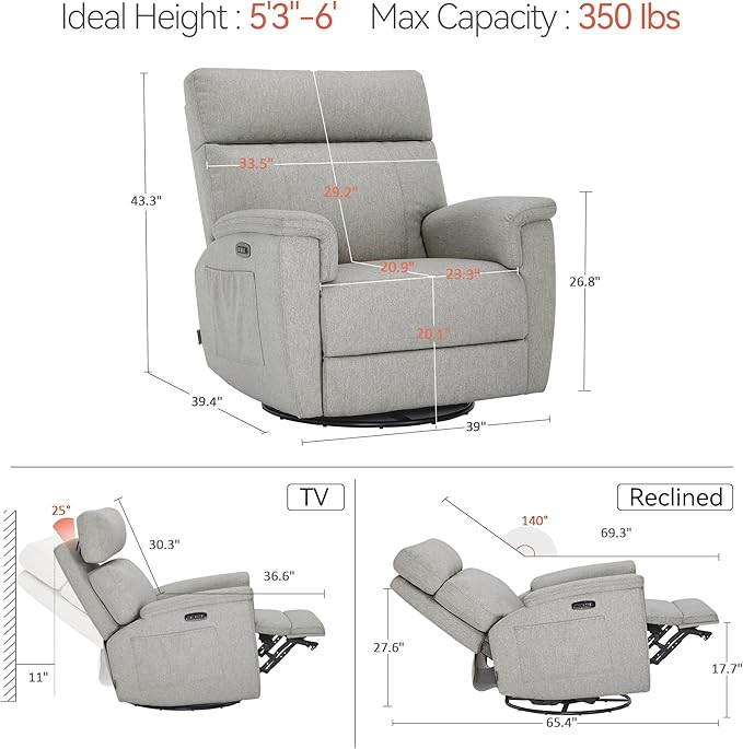 MCombo Oversized Swivel Glider Rocker Recliner with Adjustable Headrest, Dual Motor Power Recliner for Nursery, Led Nightlight, Fabric PR601 (Mist Grey)
