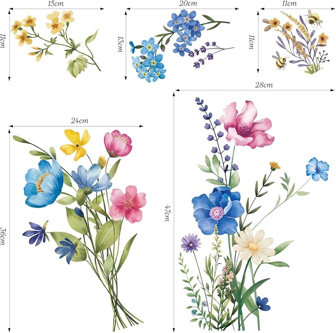 SHUCHING Colorful Wildflower Wall Sticker Peel and Stick, Vinyl Floral Wall Decal, Grass Wall Decor Art for Girl Bedroom Living Room Office