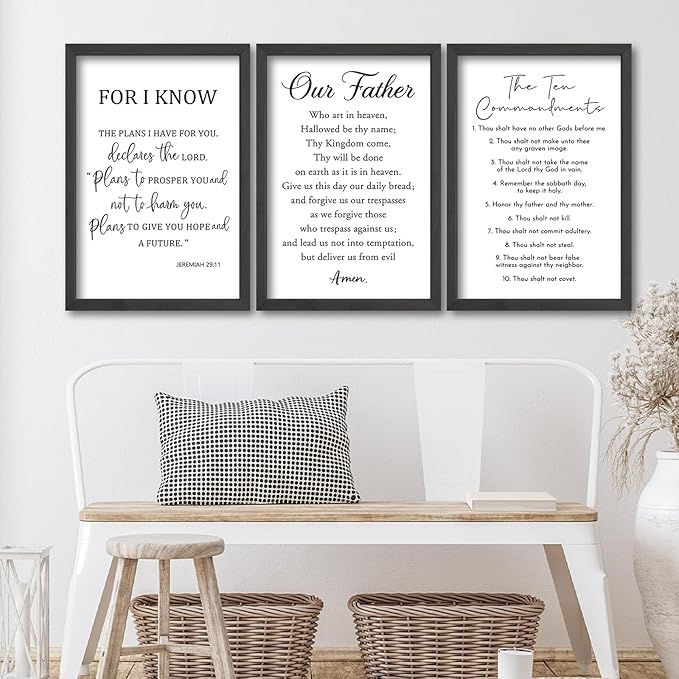 Surfapans Bible Verse Scripture Wall Decor Art 16"×11" Christian Sign Set of 3 Inspirational Quotes Scripture Wood Framed Wall Hanging (Black)