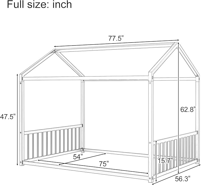 Merax Full Floor Bed Frame, Montessori Style Metal House Shaped Kids Bed with Vertical Safety Guardrails, No Slats, Grounded Design for Kids and Toddlers, Easy Assembly, White