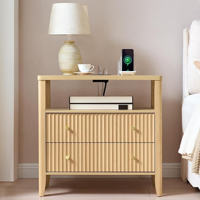 Fluted Nightstand with Charging Station, 27.3" Wide Modern Bedside Table with 2 Drawers & Open Shelf, Large Wood End Table with Storage & Metal Handle for Bedroom, Natural Wood