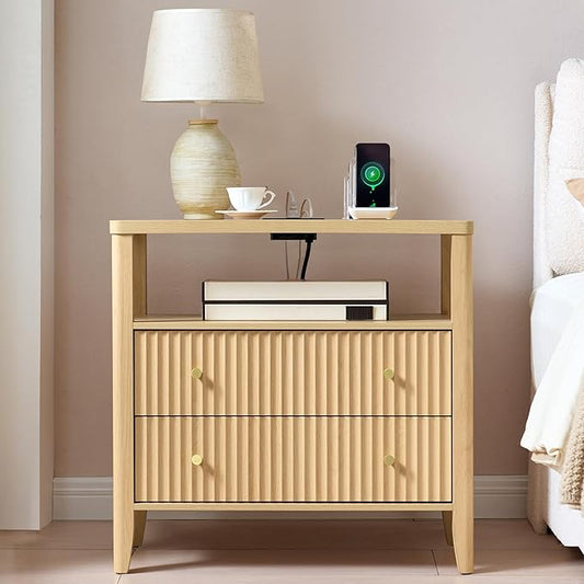 Fluted Nightstand with Charging Station, 27.3" Wide Modern Bedside Table with 2 Drawers & Open Shelf, Large Wood End Table with Storage & Metal Handle for Bedroom, Natural Wood