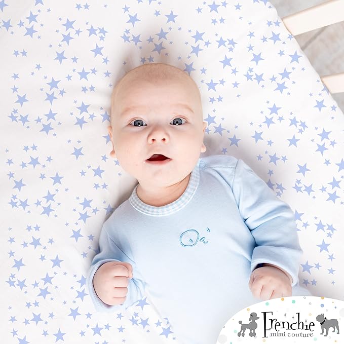 Frenchie Mini Couture Fitted Crib Sheets 100% Cotton, Fits Toddler Mattress, Blue Stars, 28 x 52in, 2-Pack