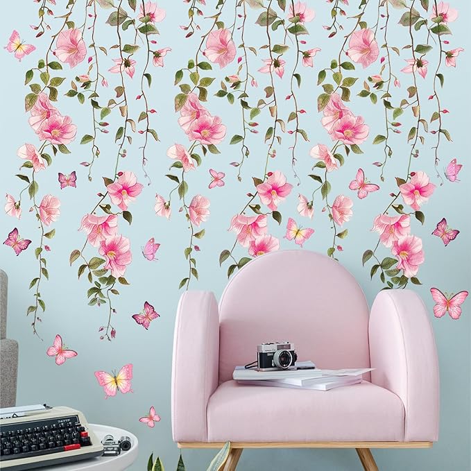 2 Sheets Removable Hanging Pink Vine Flowers Wall Decal Green Leaves Wall Decal DIY Pink Butterfly Stickers Self-Adhesive Art Decor for Girls Room Living Room Bedroom TV Backdrop Decor