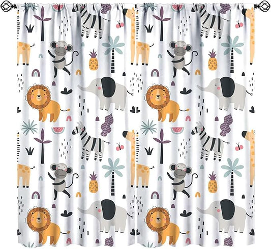 Cute Cartoon Animals Curtains Tropical Jungle Animals Elephant Giraffe Monkey Lion Modern Abstract Aesthetics for Kids Boys Bedroom Nursery Rod Pocket Decoration Window Drapes 2 Panels W42xL84in