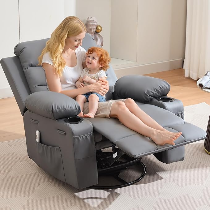 Leather Recliner Chair Nursery, Oversized Manual Reclining Rocking Chair, 360 Swivel Glider with Cup Holder, Massage and Heat Recliner, Small Sofa Chairs for Adults, Living Room, RV, Bedroom, Gray