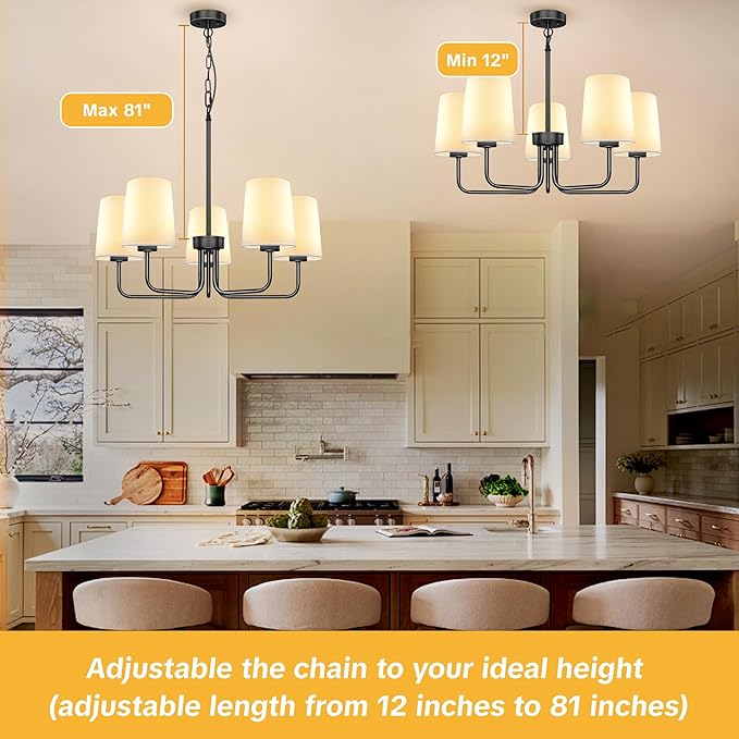 Farmhouse Chandelier, 5-Light Black Chandelier with White Fabric Shade, Height Adjustable Modern Dining Room Light Fixture with E26 Base for Bedroom Foyer Hallway Entryway Kitchen Living Room