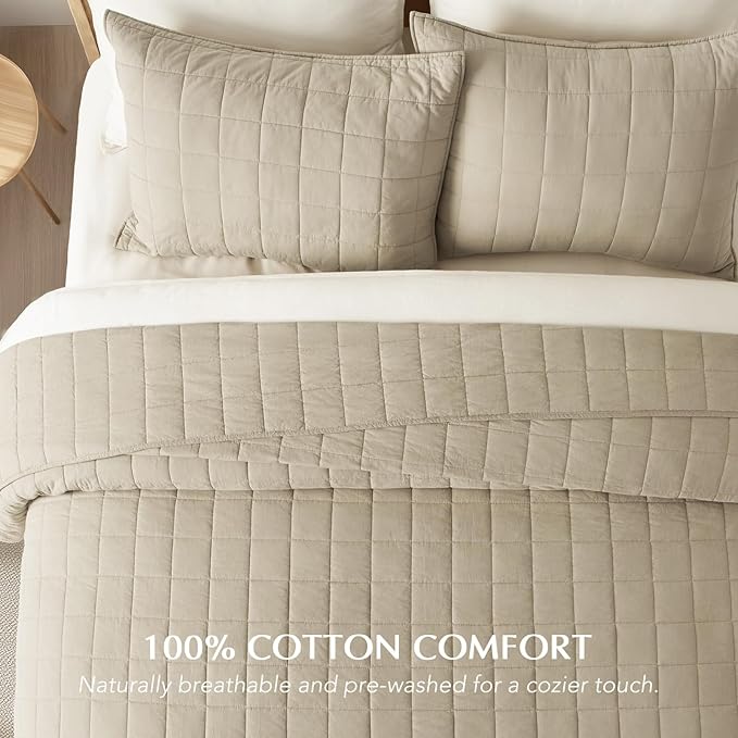 EVERGRACEHOME 100% Cotton Box Stitch Quilt Bedding Set Queen Size 3 Pieces, Garment-Washed Lightweight Soft Cozy Coverlet, Quilted Bedspread Sets with 2 Shams for All Season, Pebble Khaki
