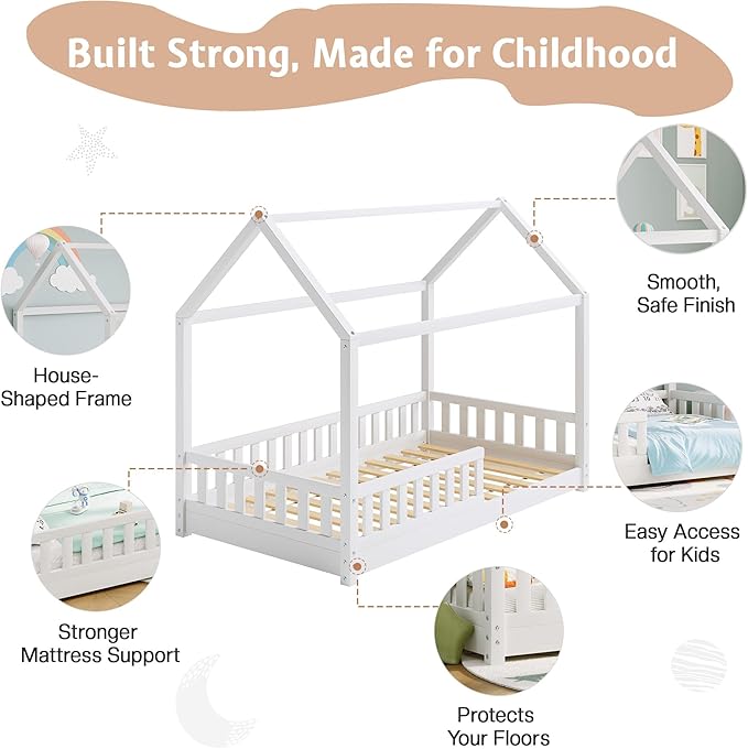 Jocisland Twin Size House Bed for Kids, Montessori Wooden Floor Bed Frame with Guardrails, Removable Rails, Playhouse Roof, Easy Assembly, Toddler Floor Bed for Boys & Girls, White