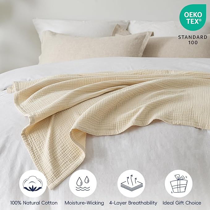 PHF 100% Cotton Muslin Throw XL Blanket Large 50" x 70", 4-Layer Lightweight Gauze Throw, Breathable Cloud-Soft Minimalist Blanket for Bed, Couch, Camping & Baby, Beige/Short Bread, Ideal Gift