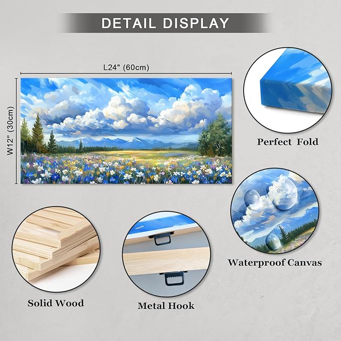 Mountain Wildflower Wall Art, Natural Landscape Wall Decor Painting Blue Sky White Cloud Scenery Picture for Living Room, Farmhouse Nature Colorful Flower Canvas Prints Artwork for Bedroom 12x24 inch