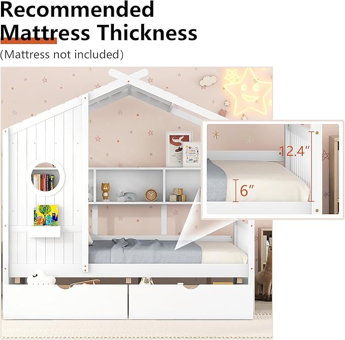 Full Size Bed Frames for Kids, House Bed with Window and Fence, Wood Platform Bed Frame with Drawers and Shelves, Playhouse Bed for Boys Girls, White, 78" L x 58" W x 72" H