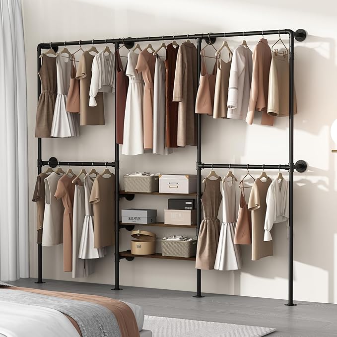 Industrial Pipe Clothing Rack, Wall Mounted Clothes Rack, Heavy Duty Closet Organizers Wardrobe Multi-Purpose Storage Clothes Hanging Shelf-94.5''L Black