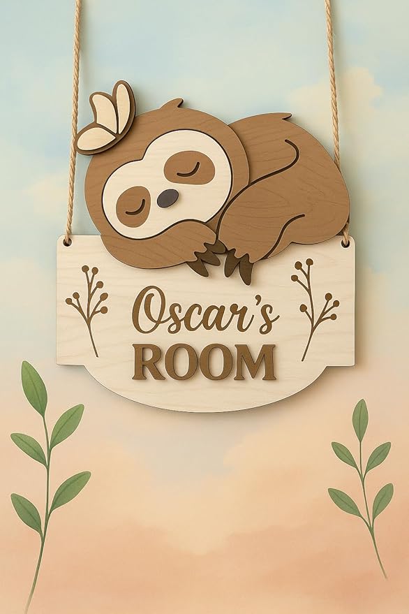 Custom Sloth Room Sign – Personalized Wooden Animal Door Name Plaque, Nursery Wall Decor, Cute Sleeping Sloth with Butterfly Wooden Name Signs for Nursery
