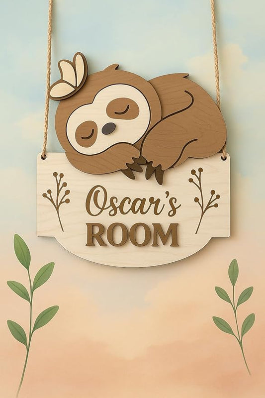 Custom Sloth Room Sign – Personalized Wooden Animal Door Name Plaque, Nursery Wall Decor, Cute Sleeping Sloth with Butterfly Wooden Name Signs for Nursery