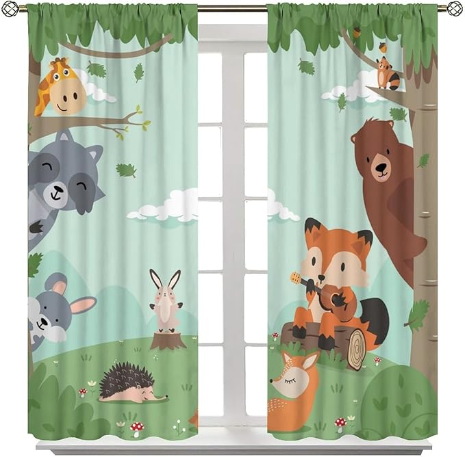 Forest Animals Curtains Colorful Forest Cartoon Cute Fox Bear Giraffe for Kids Boys Girls Nursery Bedroom Living Room Blackout Rod Pocket Decoration Window Drapes 2 Panels W21xL63in