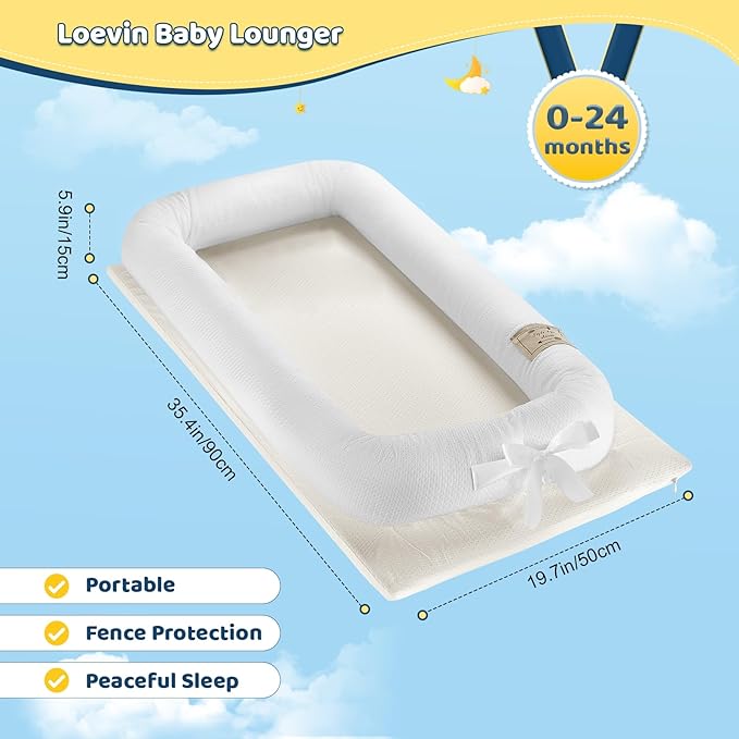 Portable Baby Lounger for Newborn 0-12 Months, Soft Breathable Baby Play Mat and Adjustable Diaper Changing Pads for Home&Travel, Newborn Essentials Gifts for Boys & Girls (White)