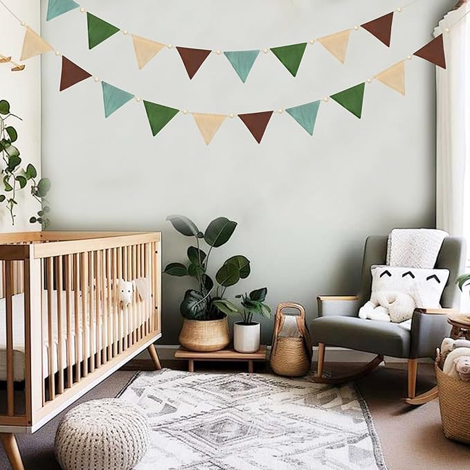 2 Sets of Green Brown Beige Wood Beads Pennant Banner 20pcs Flags Nursery Garland Fabric Linen Triangle Streamers for Kids Jungle Woodland Camping Birthday Party Decorations Baby Shower Bedroom Decor