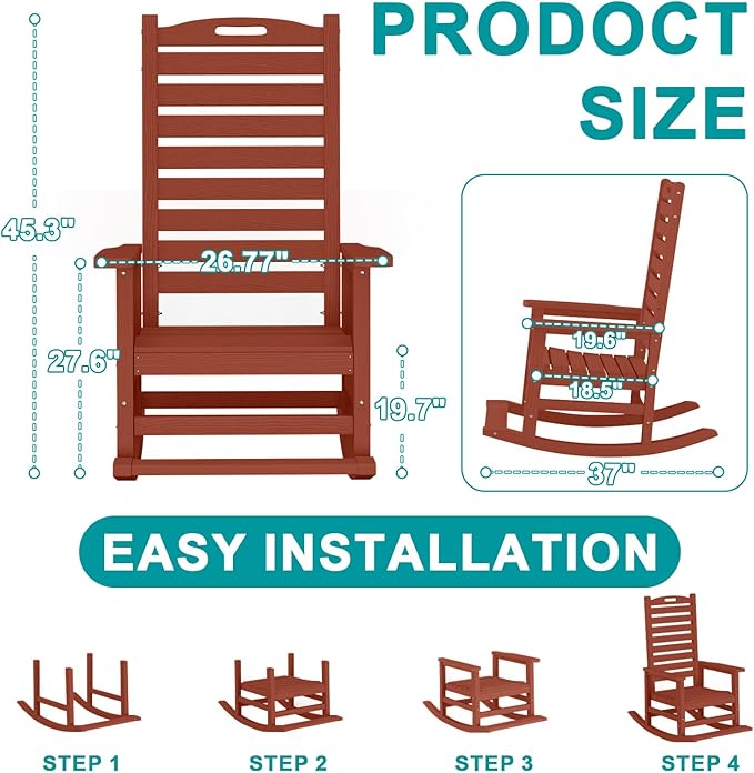Outdoor Rocking Chair Set of 6 with Removable Footboard for Adults, HDPE High Back Patio Rocking Chairs, 330lbs All Weather Porch Rocking Chairs for Outdoor & Indoor -Reddish Brown