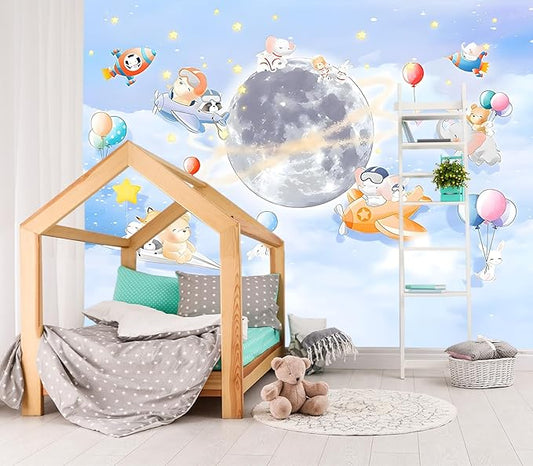 XMPMBM-Cartoon Animals Nursery Room backsplash Large Decorative Wallpaper Clouds The Moon Bedroom Bathroom Wall Mural- W 132" X H 92"（93 Square Foot）