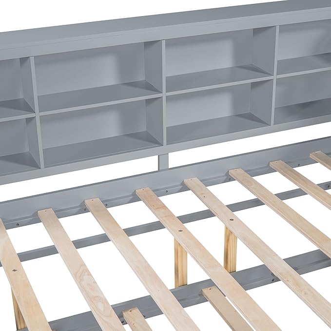 Harper & Bright Designs Full Size Daybed With Trundle and Charging Station, Wooden Storage Bed Frame With L-Shaped Bookcases, Platform Bed With Shelves for Kids Girls Boys, Gray
