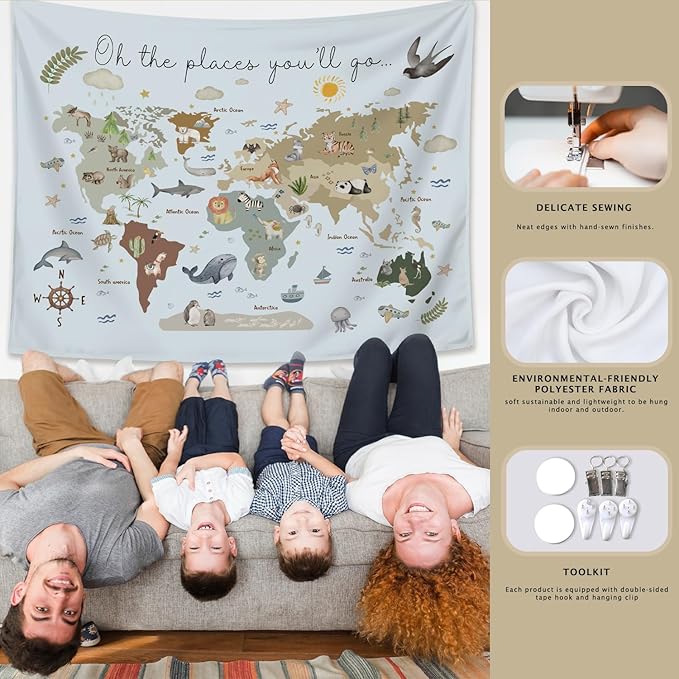 LIANGW World Map Tapestry Wall Hanging for Kids, Animal Continents Wildlife Educational Geography Learning Wall Blanket Decor for Classroom Toddler Kids Room Nursery Playroom, 50x60 Inch
