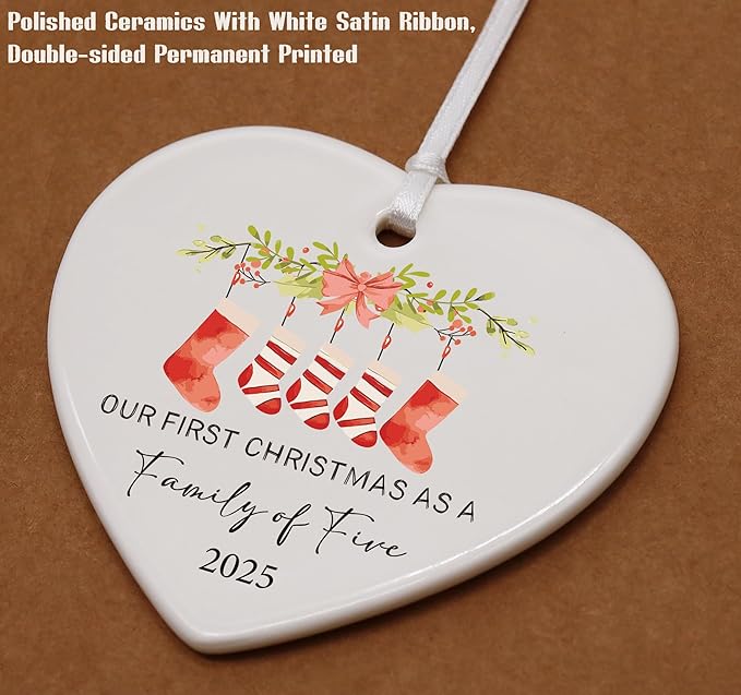 2025 Our First Christmas as a Family of Five-Parents Mom Dad Gift for New Baby Newborn-The Third Kid-Xmas Stocking Theme-Ceramic Hanging Heart Shaped Ornament-Double Sided Printed
