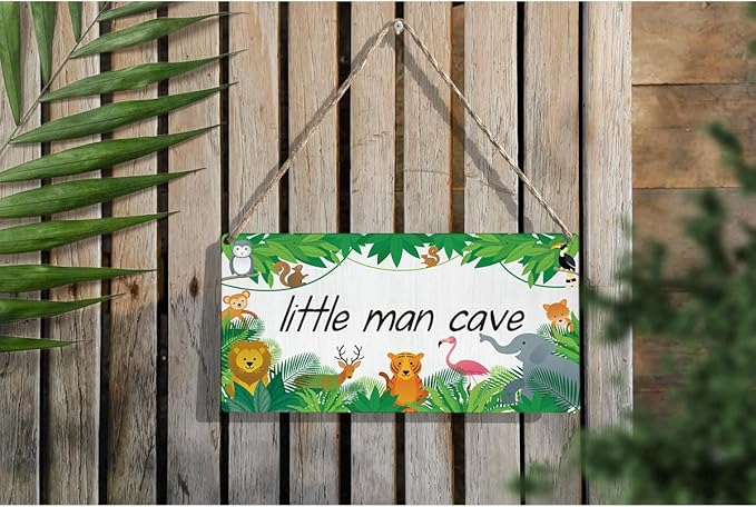 Little Man Cave Sign Woodland Nursery Room Decor for Baby Bedroom Jungle Safari Animal Theme Wall Decor for Toddler Room Decor 12 × 6 Inch（Wood 4009）