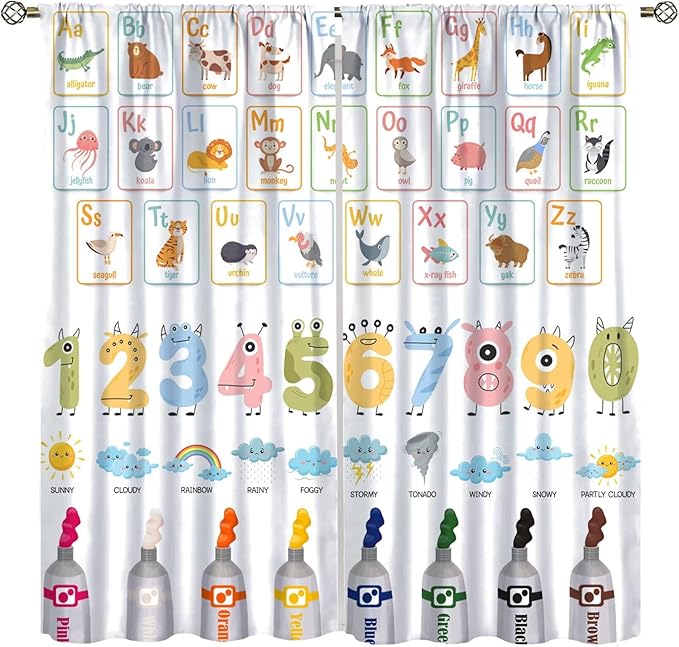 Alphabet Learning Curtain for Kids, Colorful Cartoon Animal Multiplication Table Educational, Classroom Child Printed Rod Pocket Blackout Window Drapes for Bedroom Living Room 72" W X 63" L