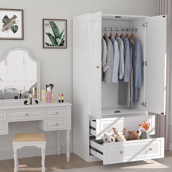 Wardrobe Closet with 4 Door & 4 Drawers, 71" White Bedroom Wooden Armoire with Hanging Rod, Freestanding Large Capacity Clothing Wardrobe Cabinet w/Gold Handles for Bedroom
