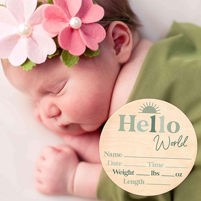 Hello World Newborn Sign - Baby Name Birth Announcement Plaque for Hospital - Photo Prop - Green Nursery Decor - Shower Gift