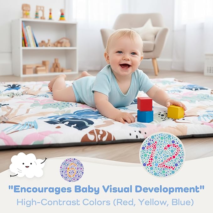 1.5" Thicker Baby Play Mat for Floor, 50x50 Removable & Machine Washable Cover Playpen Mat Softness Foam Mats, Easy-Clean Hygienic, Comfort Safety Kids Crawling (Tummy Time Leaves)