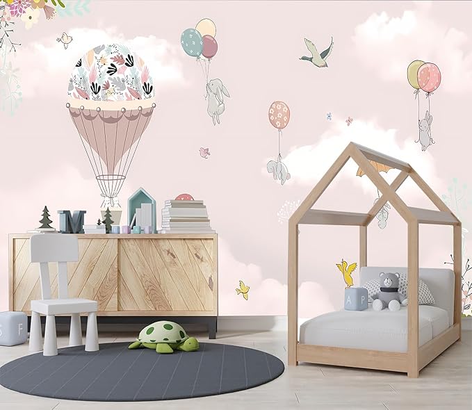 XMPMBM-Pink Clouds hot air Balloon Nursery Room Fabric Wallpaper Cartoon Animals Bedroom Wall Mural-W 132" X H 92"（93 Square Foot）