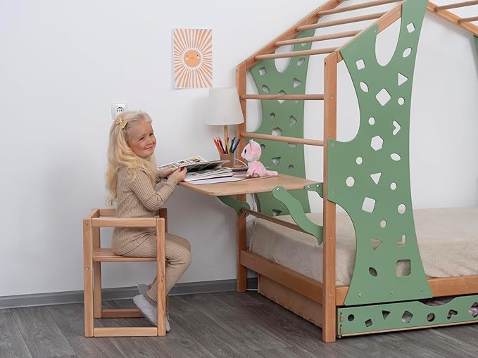 BUSY WOOD Monkey Bed – Twin Frame with Storage & Foldable Table – Montessori Indoor Playground – Jungle Gym Furniture for Kids – Toddler Sleeping Frame with Drawers