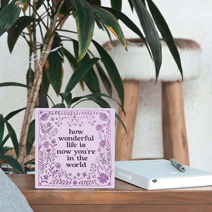 How Wonderful Life Is Now You're in the World Wood Box Sign 5×5 Inches, Boho Floral Wood Sign for Nursery Kids Boy Girl Newborn Teen Bedroom Home Desk Tabletop Shelf Decor
