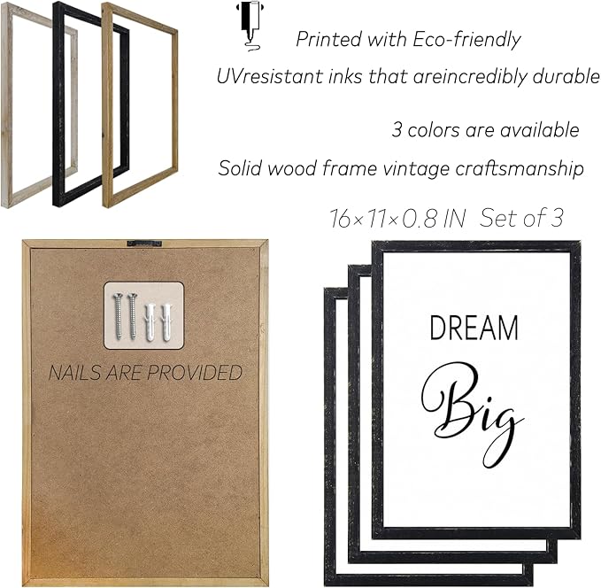 LuZhiQiang Inspirational Positive Wall Decor 16"×11" Dream Big Work Hard Make it Happen Sign Set Of 3 Large Wood Framed Motivational Quotes for Office Living Room Home Art Women Hanging (Black)