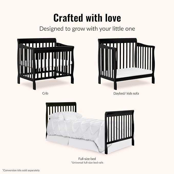 Dream On Me Aden 4-in-1 Convertible Mini Baby Crib in Black, GreenGuard Gold & JPMA, Sustainable Pinewood, Non-Toxic Finish, 3 Mattress Heights, Converts to Mini Day & Twin-Size Bed