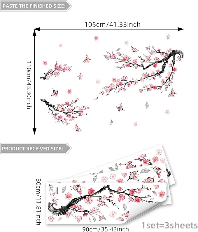 Cherry Blossom Wall Decals, Watercolor Pink Flower Tree Peel and Stick Wall Stickers for Living Room, Bedroom, Sofa, TV Background Home Decor, Nursery, Kids Room Wall Art (Large)