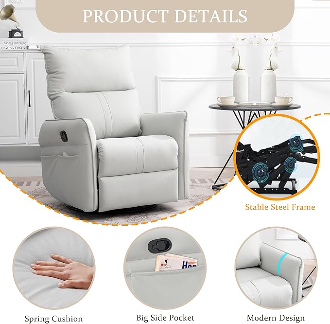Swivel Rocker Recliner Chair, Upholstered 360° Fabric Leather Glider Rocker Chair for Nursery, Manual Small Recliners for Small Spaces Living Room Weight Capacity 300lbs