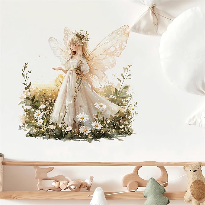 Angel Girl Butterfly Fairy Wall Stickers, Daisy Flower Girl Wall Decals Removable Vinyl Peel and Stick Kids Baby Children Nursery Bedroom Toddler Room Art Home Decorations