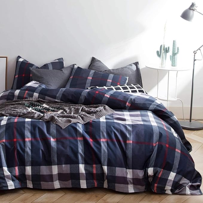 Jumeey Navy Plaid Duvet Cover Dark Blue Bedding Set King Grid Buffalo Checkered Duvet Cover Men Women Boys Teens Tartan Check Grid Bedding King Size