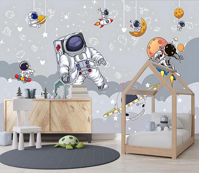 XMPMBM-3d Cartoon Astronauts Starship Nursery Room Fabric Wallpaper Hand-Painted Graffiti Planet Kids Gaming Room Wall Mural-W 154" X H 105"（112 Square Foot）