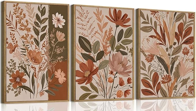 MTFBWY Framed Boho Botanical Wall Art Set of 3 – Earth Tone Floral Canvas Prints, Neutral Beige Abstract Flower Pictures for Home Living Room Bedroom Wall Decor, 16L x 12W