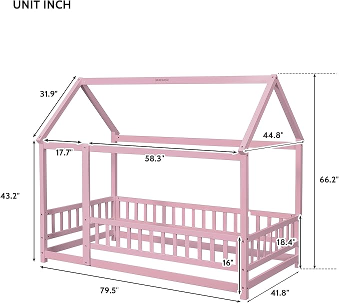 Twin Size House Bed Frame for Kids,Wooden Montessori Floor Bed with Fence and Roof,Floor Bed Frame Twin Size for Girls,Boys(Twin,Pink)