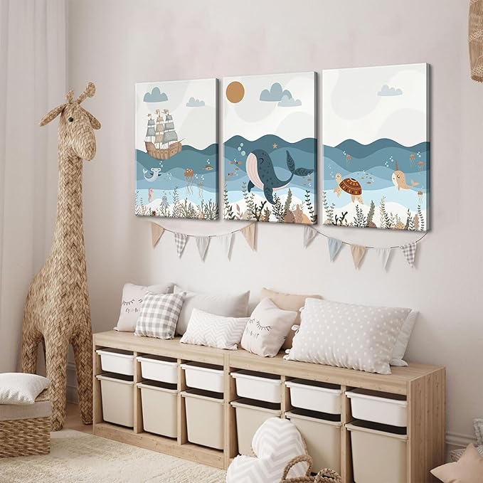 LYPHNX Framed Blue Ocean Nautical Nursery Canvas Wall Art Sea Turtle Whale Animal Painting Picture Set of 3 Kids Prints Poster Wall Decor for Baby Boys Girl Children's Room Bedroom Bathroom 16"x24"