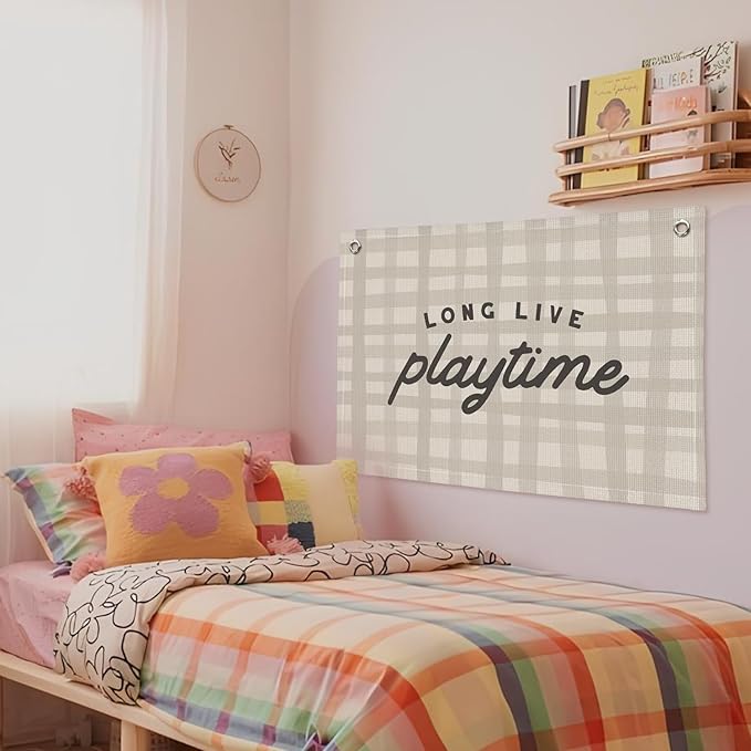 Playroom Decor, Play Room Wall Decor, Long Live Playtime Linen Banner Wall Hanging, Boho Beige Banner Flag Decor for Nursery Boys Room 20x30