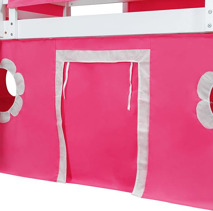 Polibi Castle Loft Bed with Slide & Tent and Tower, Playhouse Design Spacious Under Bed Space with Curtains, Wood Tent Bed Frame for Kids Boys Girls (Pink, Twin)